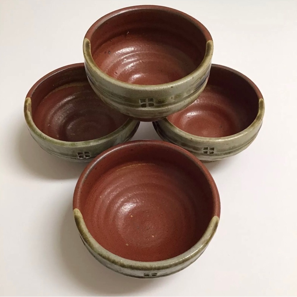 Studio Art Pottery SET OF 4 Japanese Tea Bowls Cups Matcha Rust Glazed Handmade